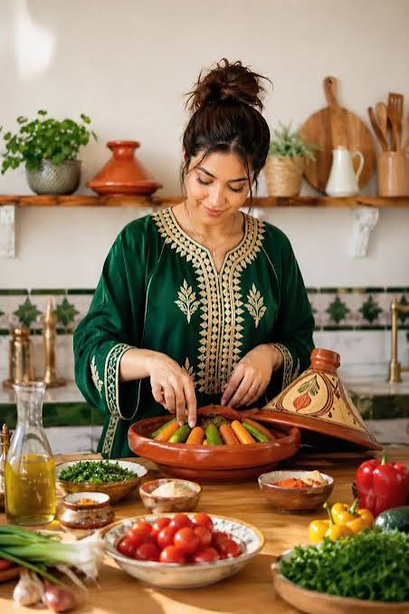 Soukaina preparing a Moroccan tagine in her kitchen